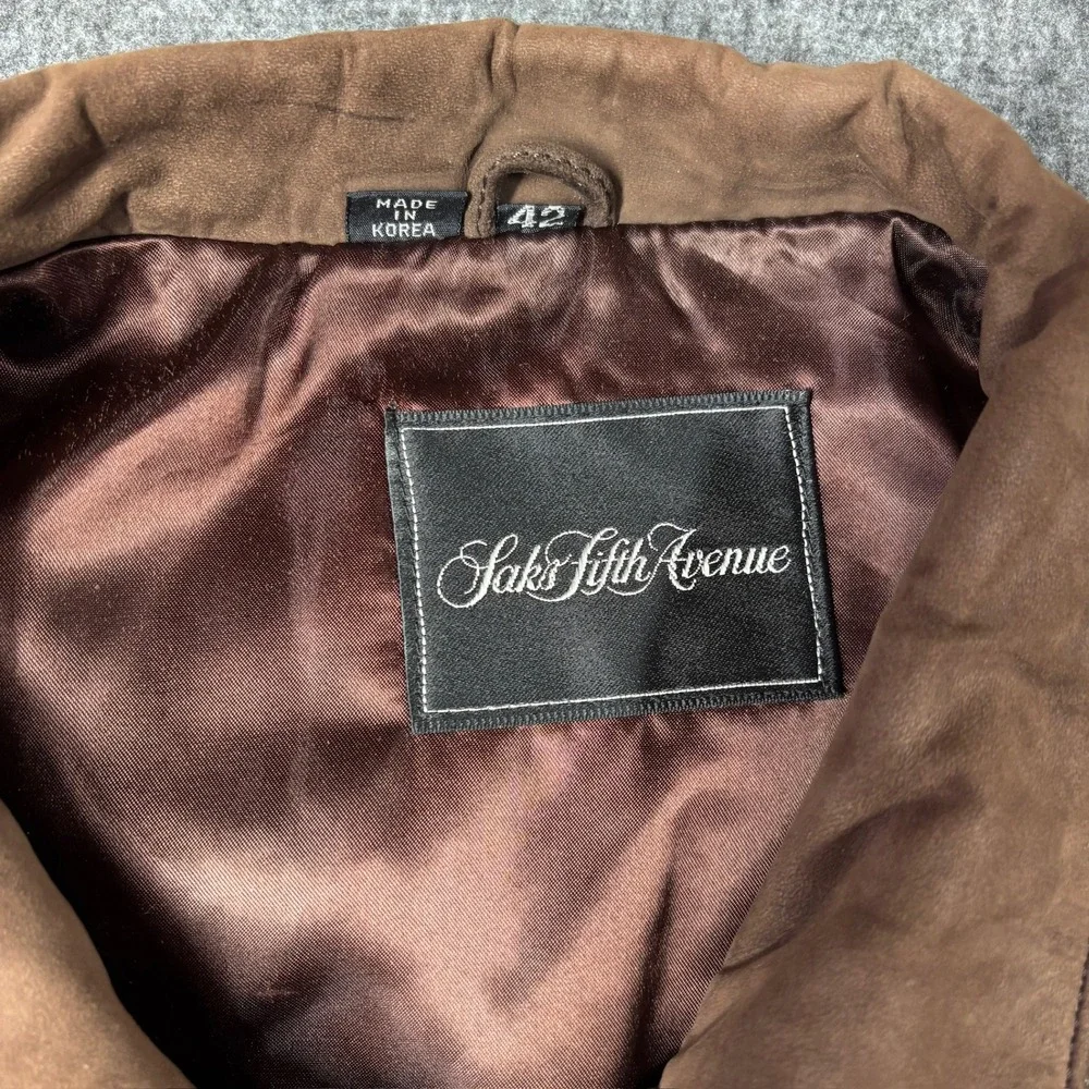 Saks Fifth Avenue Mens Brown Leather Field Jacket Coat Textured Yoke Size 42 - Picture 3 of 9